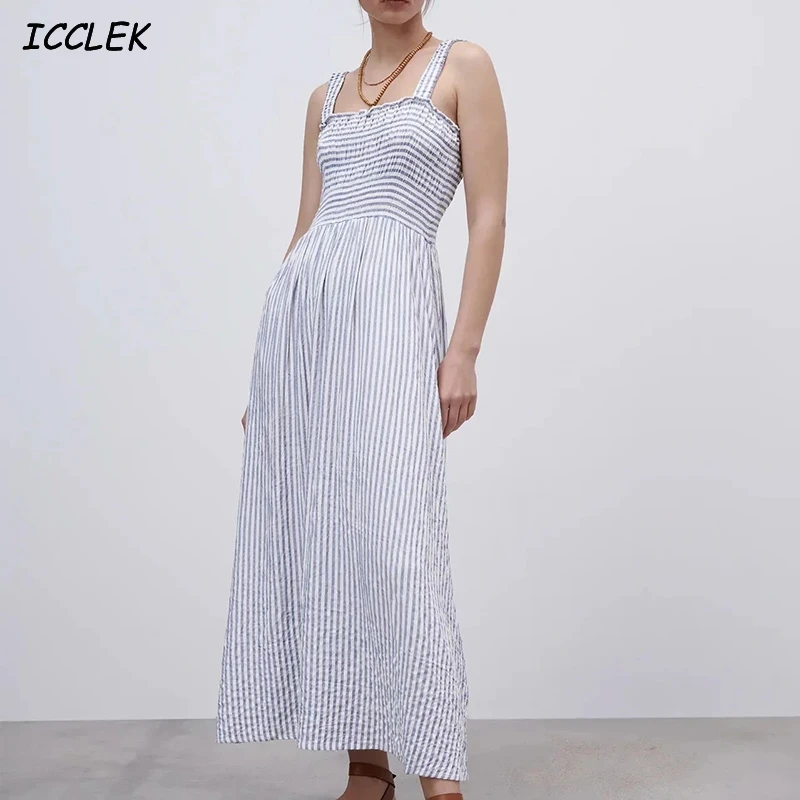 

Za Women's Dresses High Waist Midi Dress Vintage Blue White Striped Vestidos Mujer Vest Robes Femme Party Sexy Dress Elegant TRF