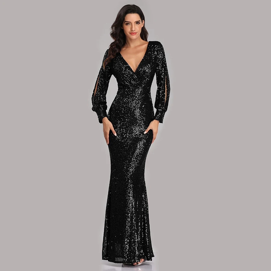 Черный Вечернее платье, длинное, расшитое блестками, элегантное, Robe De Soiree, сексуальное, с глубоким v-образным вырезом, с разрезом, торжественное платье, полный рукав, вечернее платье LT008 - Цвет: Черный