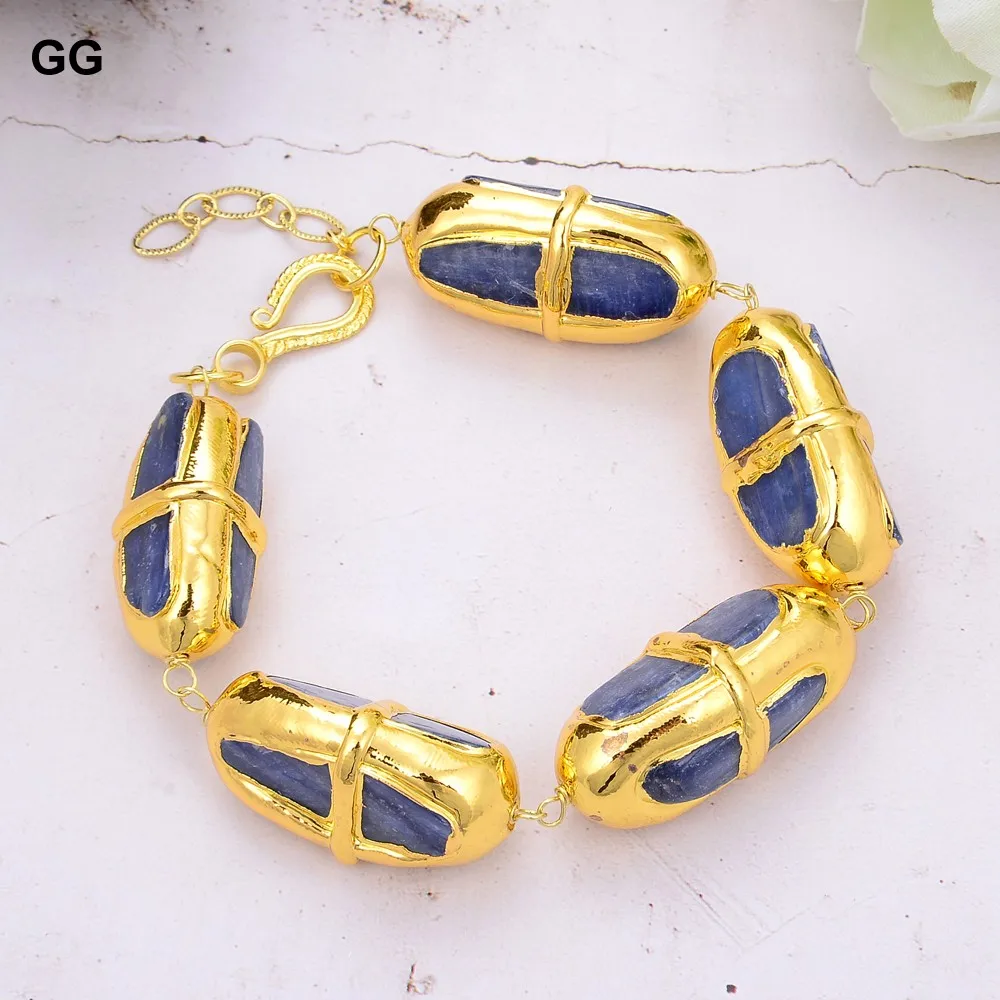 

GG Jewelry Natural Blue Kyanite With Electroplated Edge Gold Color Brushed Bead wrap Bracelet 8.5" Vintage Style For Women