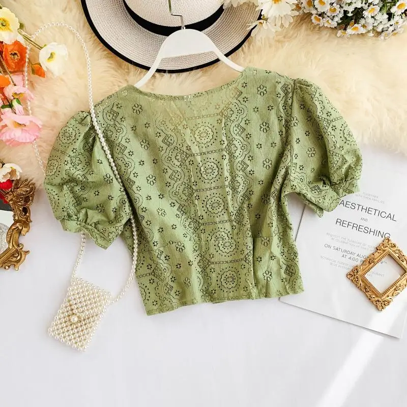Women Sexy Hollow Out Crop Tops New 2020 Summer Sweet Puff Sleeve V Neck Short Blouse Ladies Lace Gold Button White Shirts | Женская