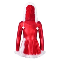 kids girls children red christmas dress modern jazz latin dance wear hooded long sleeves faux fur adorned dance leotard dress