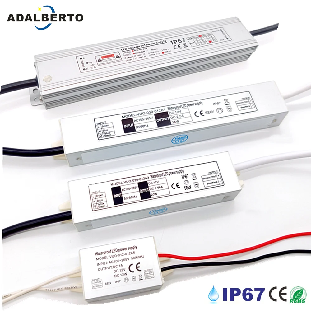 

Waterproof LED Driver 12W 20W 36W 60W 100W For LEDs Power Supply AC100-265V Input Lighting Transformers For Power Lights DC12V