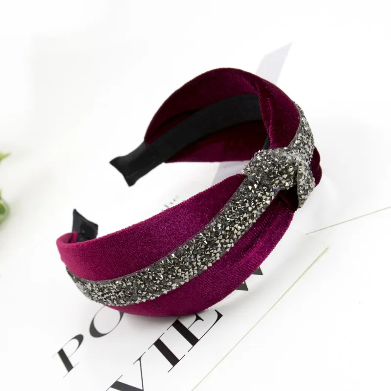 Burgundy Новинка, модные женские Позолоченные Стразы, резинки для волос, обруч на голову, мягкий бархат, скрещенный узел, повязка на голову, аксессуары для волос для девочек, головной убор - Цвет: Burgundy