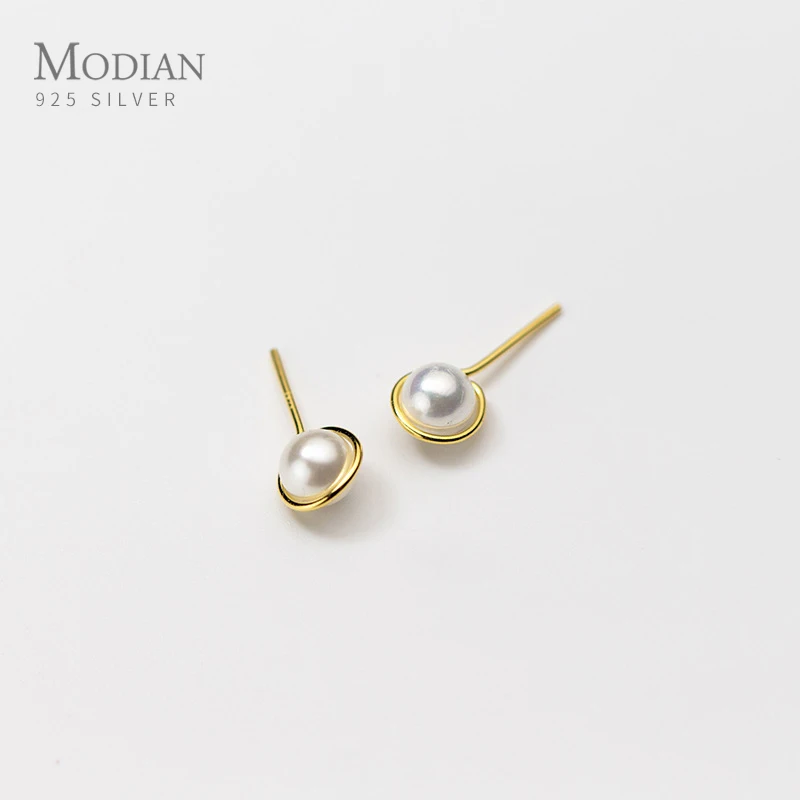 

Modian Round Pearl Gold Color Cute 925 Sterling Silver Charm Stud Earrings Fashion Wedding Jewelry For Women Fine Accessories
