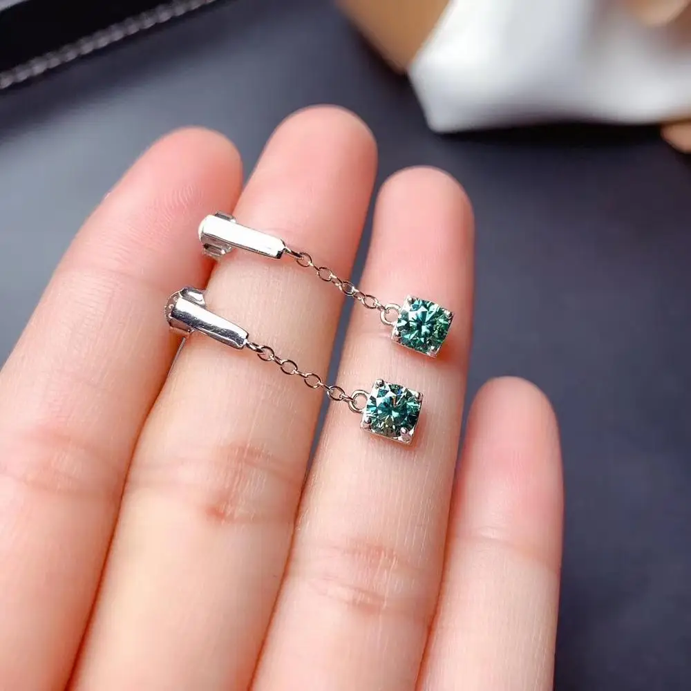 

2020 new style green Moissanite stud earrings with chain 5mmx5mm size shiny gem GRA certificate real 925 silver birthday gift