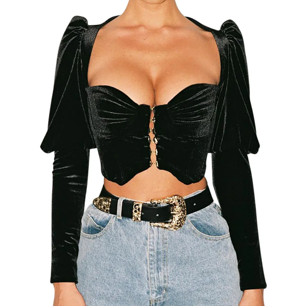 Укороченный Топ с длинным рукавом сексуальный глубокий v образный вырез черный