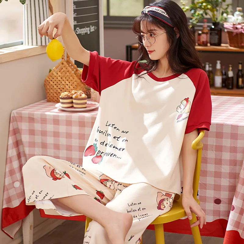 

Kawaii Maiden Red Patchwork Strawberry Pajamas Sets Summer Cotton Short Sleeve Homewear Loose Women Calf-length Pant Sleepwear