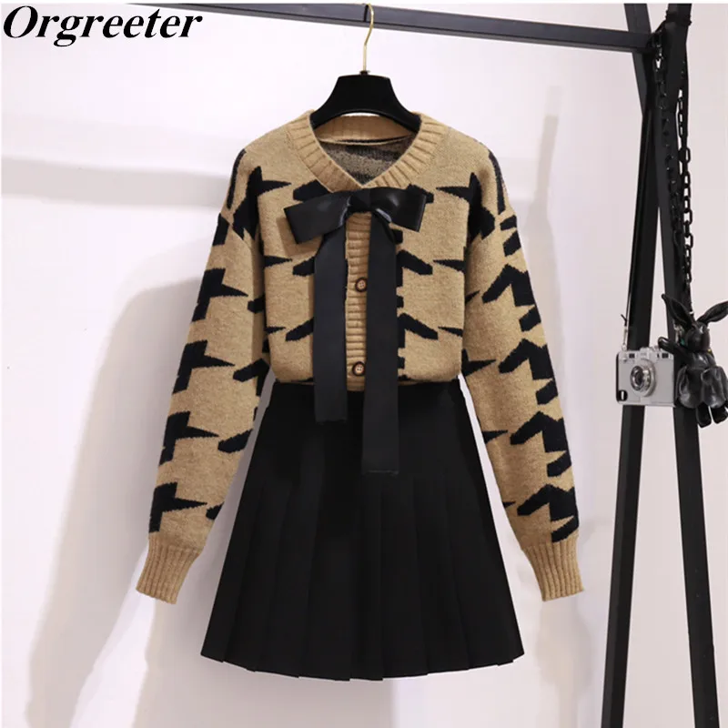 

Женский трикотажный кардиган с бантом, клетчатый свитер с круглым вырезом и мини-юбка, комплект из двух предметов, Y2k, зима 2019
