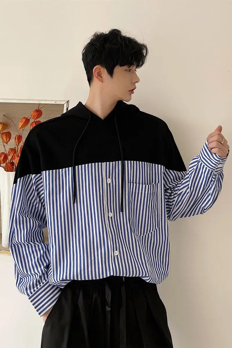 

IEFB High Qualtiy Korean Splicing Shirt Style Sweatshirts Patchwork Hooded Loose Casual Long Sleeve Design Striped Tops Fashion