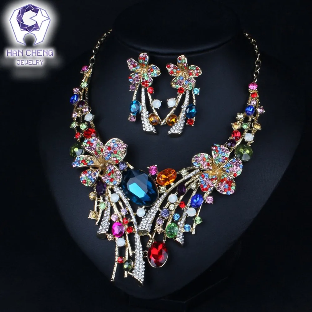 HanCheng Luxury Flowers Golden Metal Rhinestone Big Crystal Statement Choker Necklace/Earrings For Women Jewelry leagtha collier | Украшения
