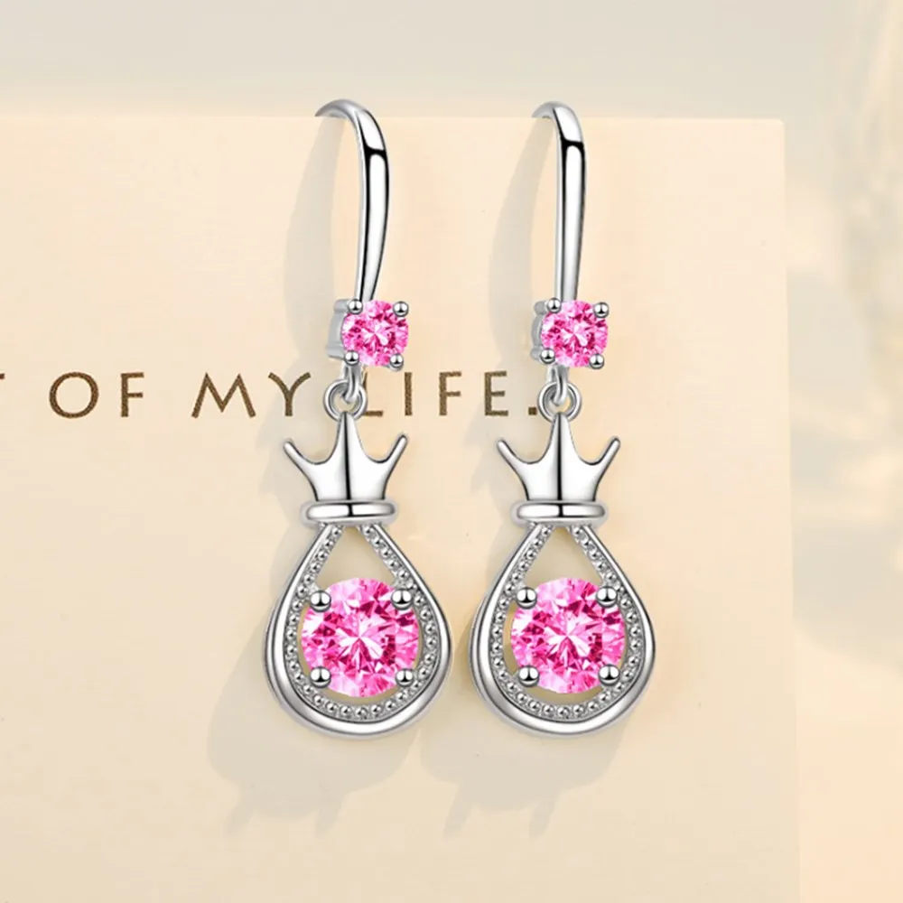 

925 Sterling Silver New Woman Fashion Jewelry Purple Pink Super Flash Crystal Zircon Crown Tassel Hoops Piercing Earrings