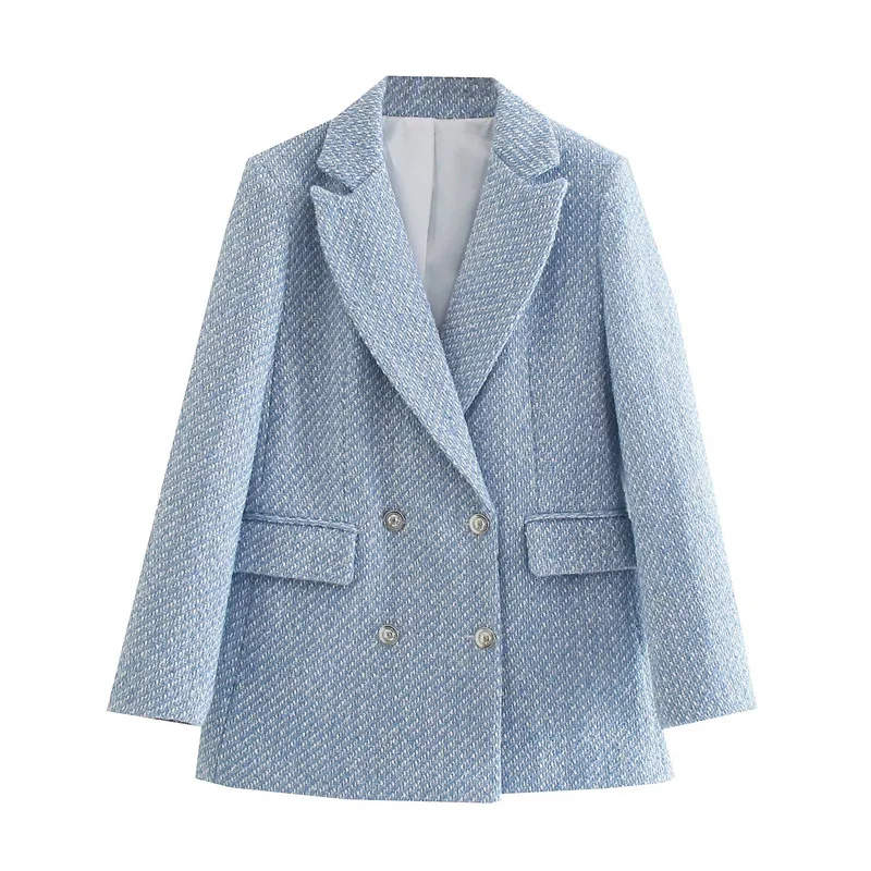 

ZXQJ Women Sky Blue Tweed Blazer 2021 Autumn Fashion Ladies Office Double Breasted Pocket Jacket Female Textured Outerwear