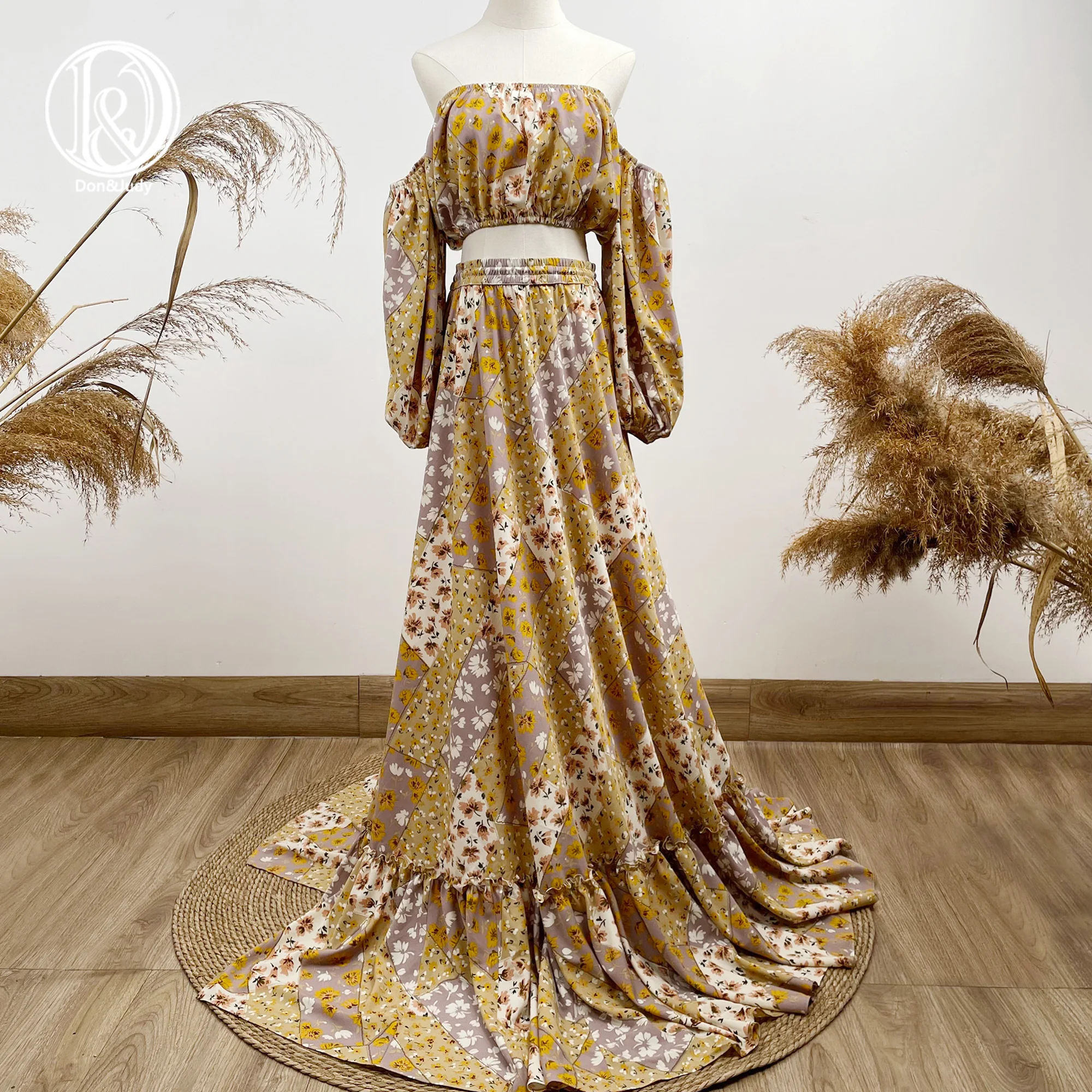

Don&Judy Boho Vintage Floral Top and Skirt Set Dresses Maternity or Non-maternity Dress Gown For Photoshoot Photography 2022