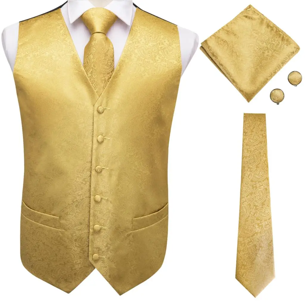 

Luxury Gold Silk Mens Vest Tie Set Jacquard Paisley Sleeveless Jacket Suit Waistcoat Necktie Hanky Cufflinks Wedding Business
