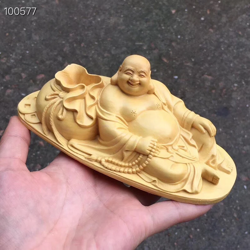 

Wooden smiling Buddha statue solid wood carving, modern craft sculpture artwork, home decorationgift God of Wealth Buddha statue