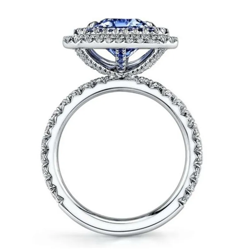 

Vintage Female Blue Square Crystal Jewelry Charm Silver Color Engagement Rings For Women Cute Wedding Band Valentines Day Gifts
