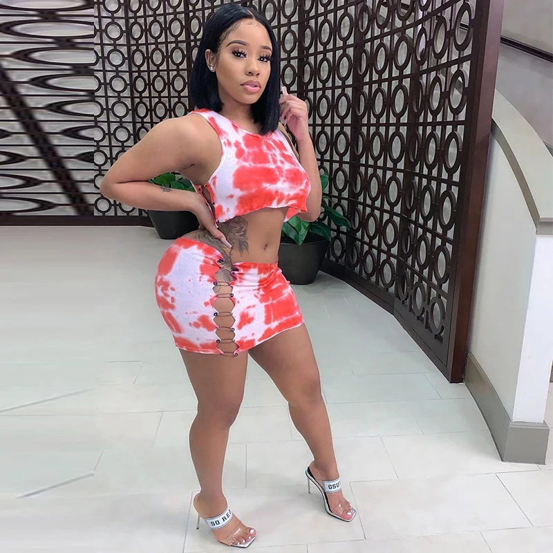 

Knitted Tie Dye Two Piece Set Sleeveless Crop Top Hollow Bodycon Mini Dresses for Women Sexy Night Clubwear Matching Set