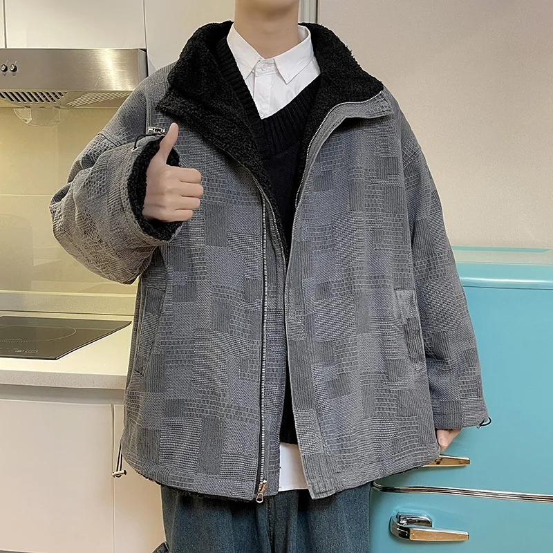 Denim Stitching Cotton Jacket Men's Retro Plus Velvet Thickening Imitation Lamb Wool Coat Tide Brand Ins Loose Winter Coat