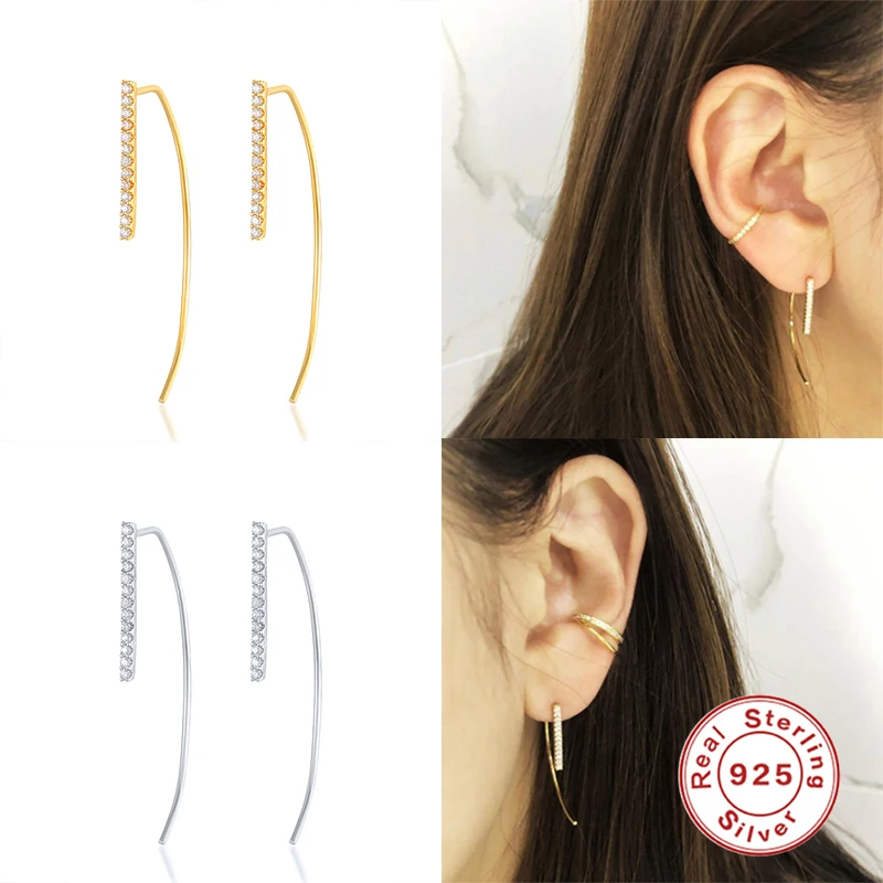 

Aide 925 Sterling Silver Gold Korean Fashion Long Arc Line Stud Earrings With Shiny Zircon Bar Ear Stud For Women Girls Jewelry