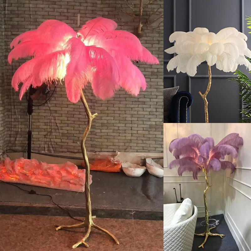 Напольная Лампа в скандинавском стиле с страусиными перьями медный современный