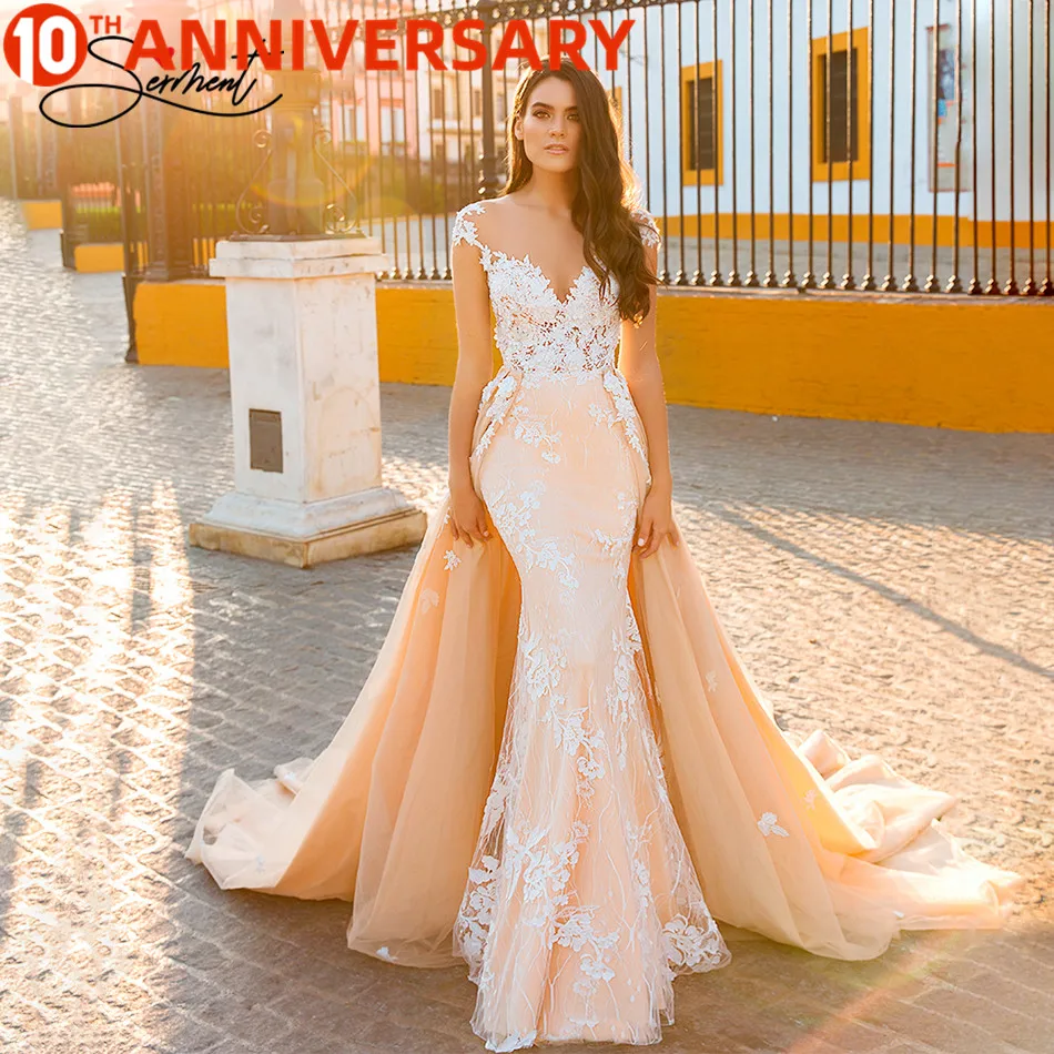 

BAZIIINGAAA свадебное платье без рукавов с круглым вырезом со съемным хвостом свадебное платье с кружевной аппликацией в виде русалки для невест...