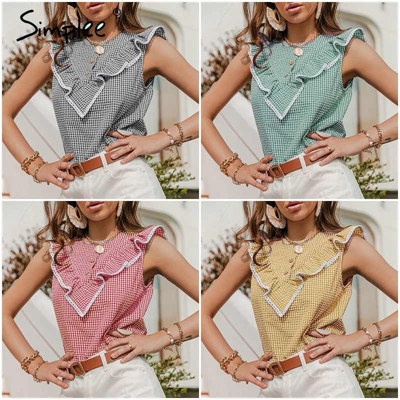 Рубашка Simplee Женская Повседневная в клетку без рукавов с оборками и круглым