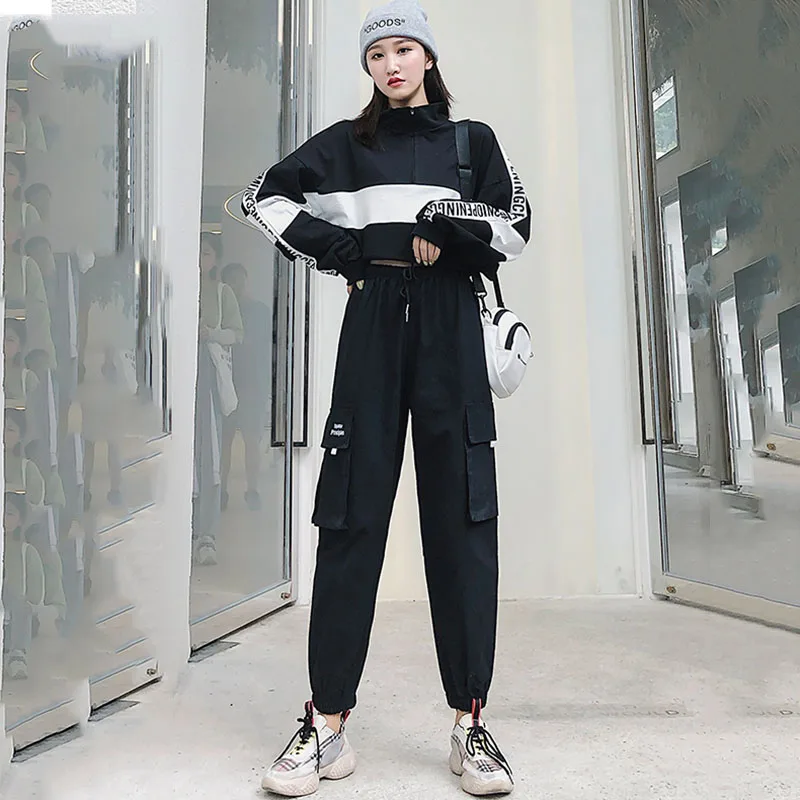 

2020 Autumn High Waist Streetwear Cargo Pants Female Harajuku Loose Joggers Women 2 Piece Suit harem camo pants