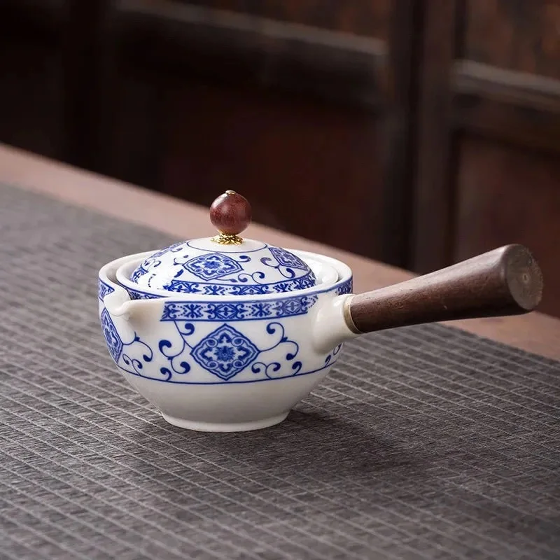 Tetera de cer&aacute;mica con mango de madera, olla con mango lateral, filtro de Kung Fu Oolong para el hogar, fabricante de t&eacute;, cer&aacute;mica negra creativa, regalos-4