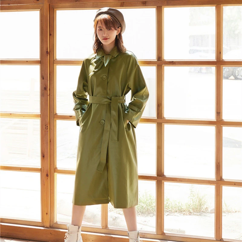 Винтажная длинная верхняя одежда из искусственной кожи 2020 новый весенний пояс