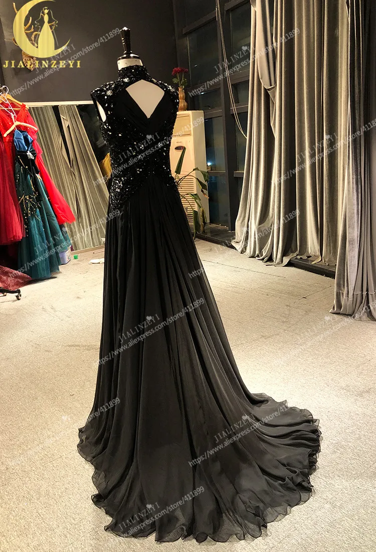 Rhine real Pictures Elie Saab Sexy High Neck Black Chiffon With Beads Arabic платье 2021 Evening Dresses Long