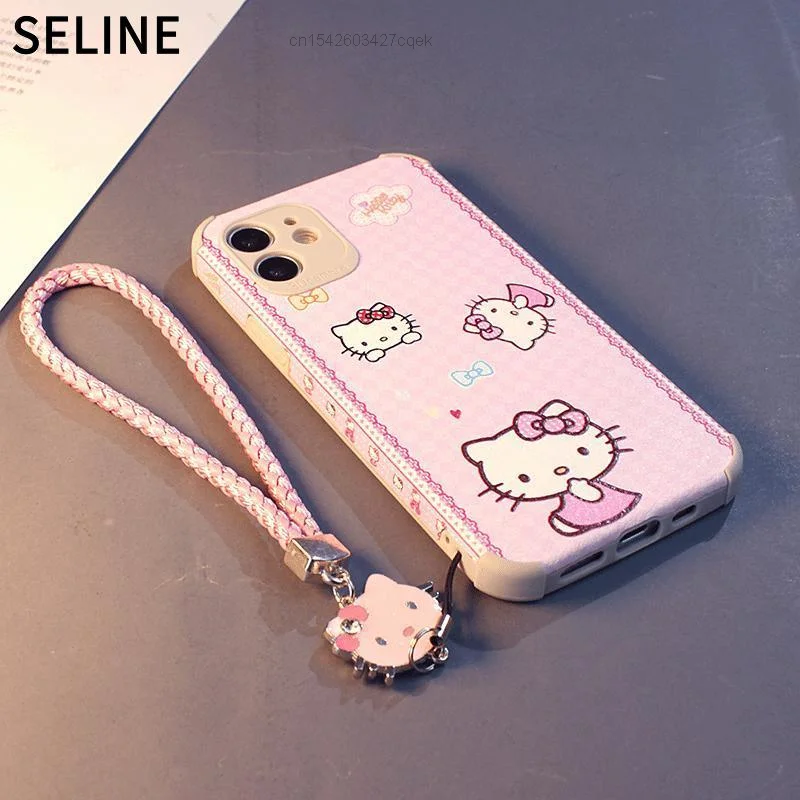 Sanrio Hello Kitty Pink KT Cat Wrist Strap Cell Mobile Iphone Case For iPhone 13 12 11 Pro Max XS XR 7 8 Plus Soft Cover Girls