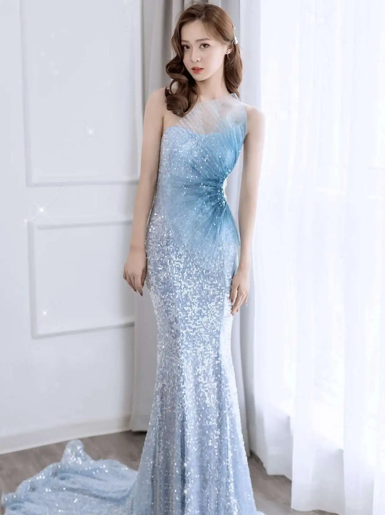 

Women Sext Elegant Blue Sequined Strapless Backless Party Formal Evening Dress Slim Court Train Trumpet Mermaid Dress