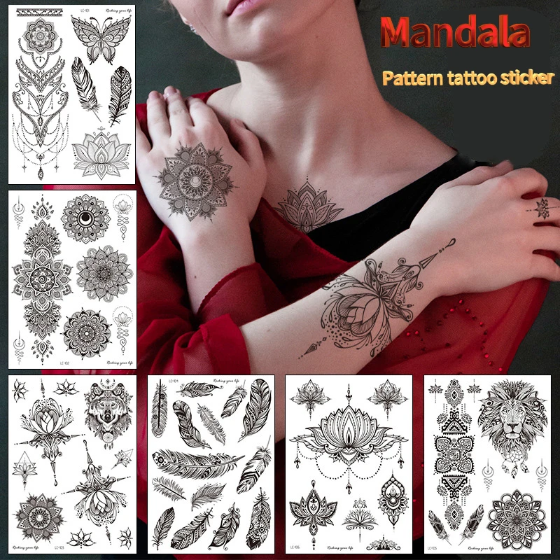 

Waterproof Temporary Tattoo Sticker Chest Lace Henna Mandala Flash Tattoos Wolf Diamond Flower Body Art Arm Fake Tatoo Women Men