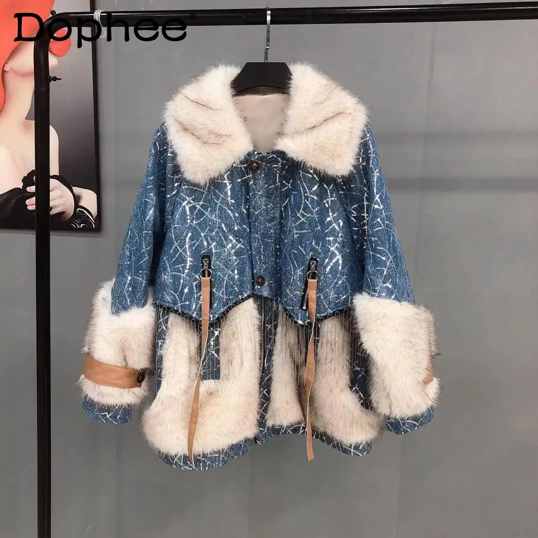 

Женская джинсовая куртка составного кроя, Повседневная синяя куртка из искусственного меха с блестками и длинными рукавами, верхняя одежда...