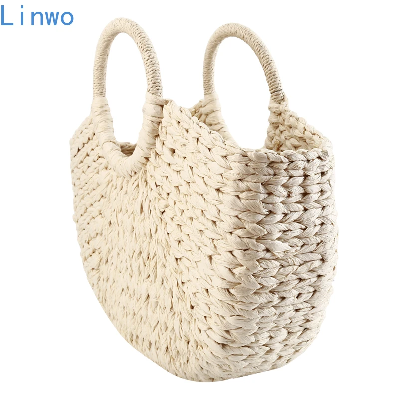 

Linwo New Shopping Straw 2021 Women Hand-Woven Hollow Moon Shape Rattan Big Capacity Drawstring Handbag Casual Travel Beach Bag
