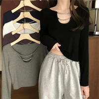 fall long sleeve sexy chain inside women t shirts 2021 crop top korean fashion student tunics harajuku clothing white black grey