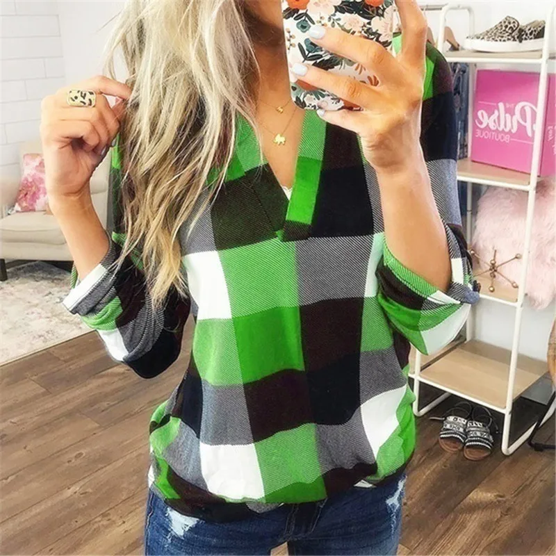

Autumn new women's T-shirt Plaid long sleeve shirt student trend Plaid T-shirt