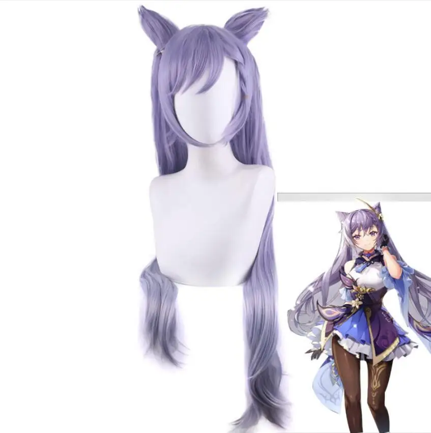 

Cosplay Anime Women Long Wigs Game Genshin Impact Keqing Ponytails Wig with Ears Costume Heat Resistant Movies Hair