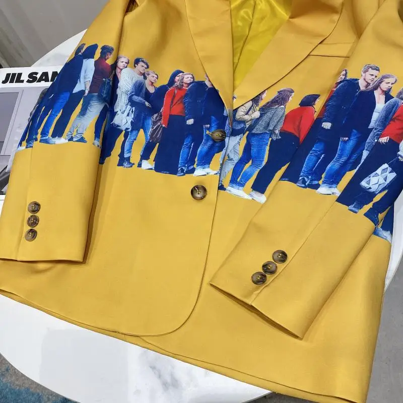 

Runway Figures Pattern Long Sleeve Blazer Women 2021 Spring Fashion Simple Single-Breasted Tops High Street Elegant Casual Suits
