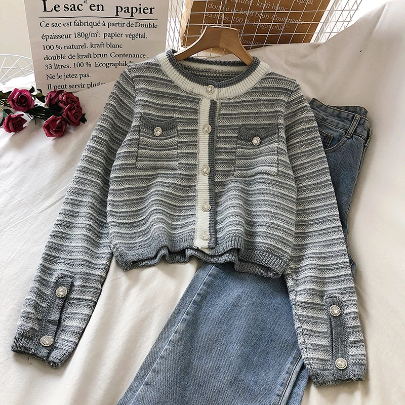 

Vintage Thick O Neck Long Sleeve Women Knitted Cardigans Korean Single Breasted Puff Sleeve Sueter Mujer Pockets Sweaters