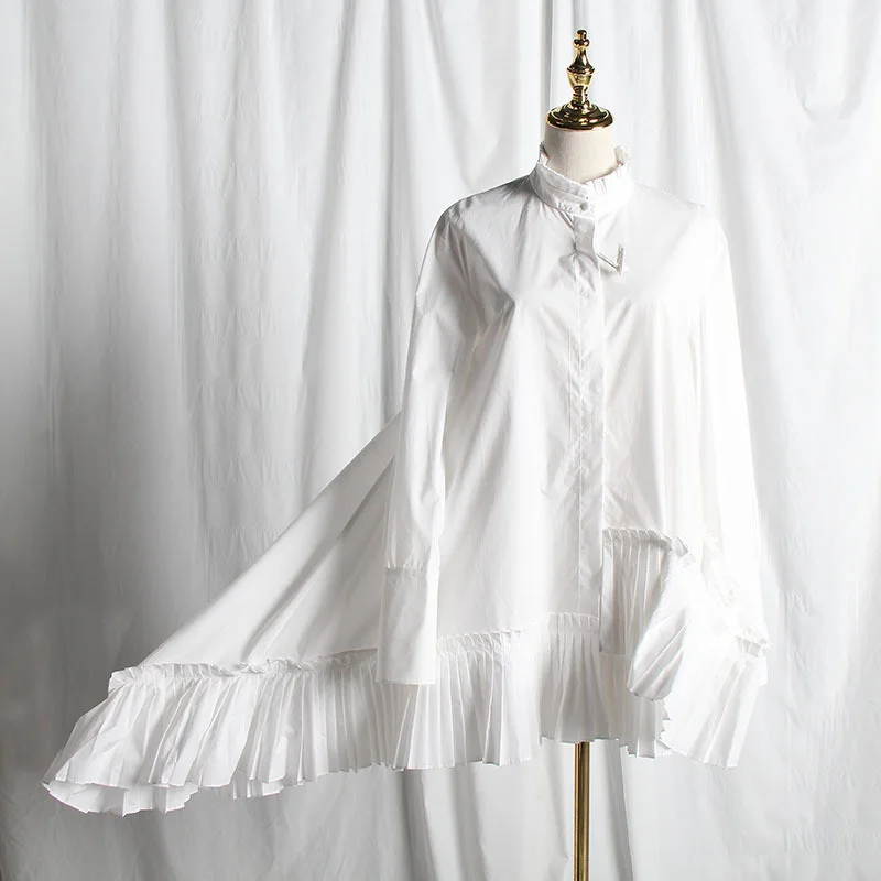 [EAM] 2021 Новинка весна осень воротник стойка длинный рукав Белый Свободный