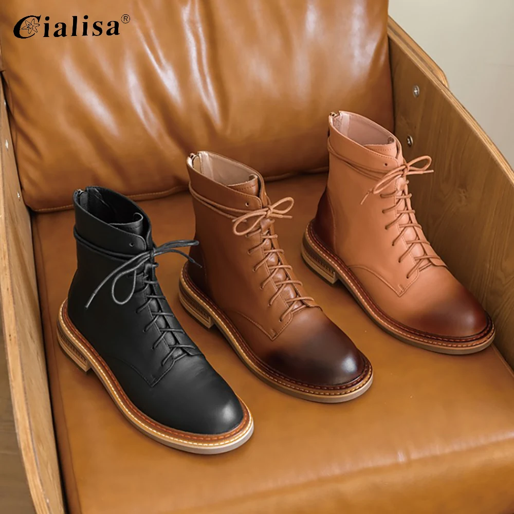 

CIALISA Winter Ankle Boots For Girls Flat Heel Shoes Women Lace Up Woman Size 34-42 Women's Spring Shoes 2020