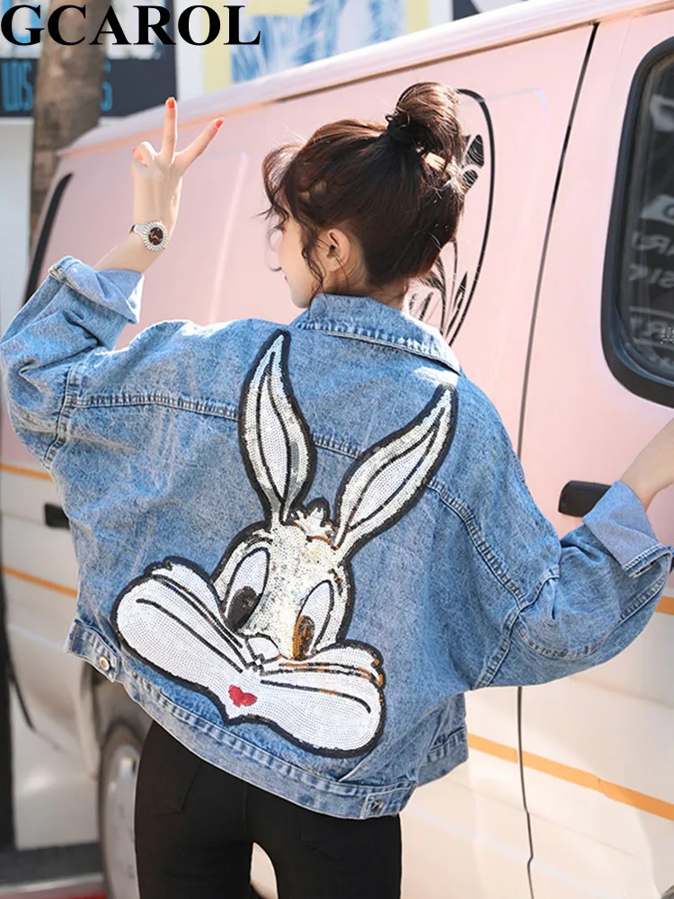 GCAROL Cartoon Sequined Oversized Denim Jacket Bling Bling Loose Preppy Style Embroidered Short Coat Character Outfits 4 season