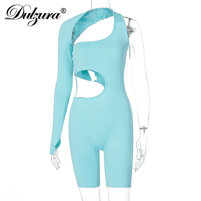 

Dulzura Hollow Out Women Halter Playsuit Long Sleeve Gloves One Shoulder Sexy Stretch Streetwear Autumn Winter Combishort Sporty