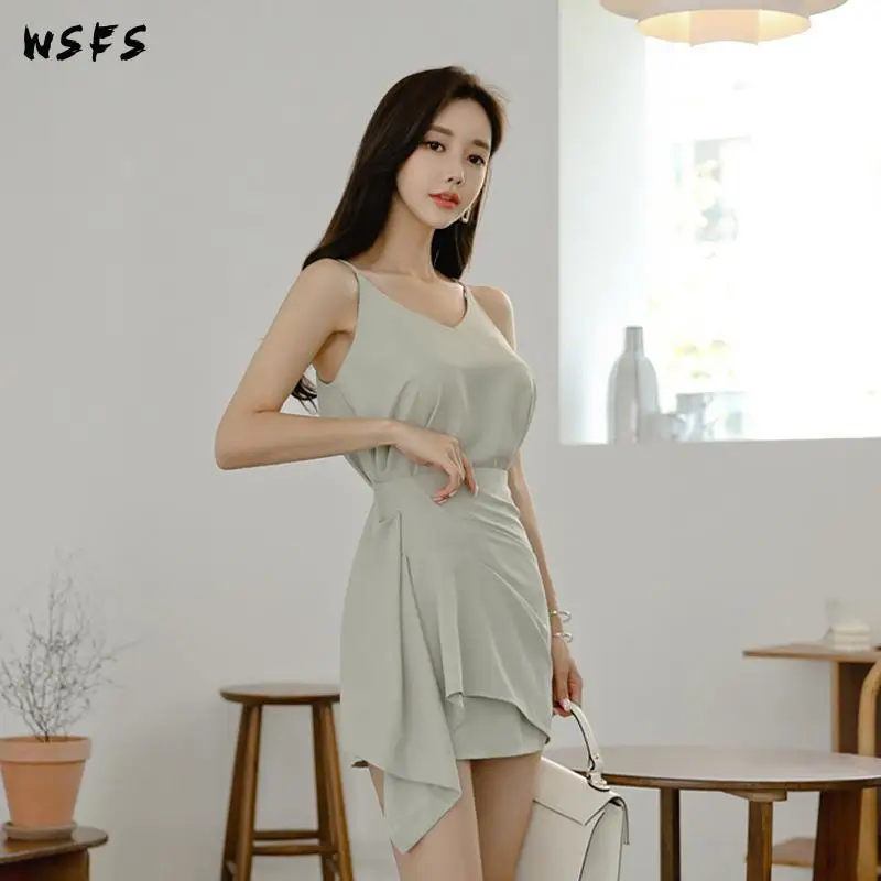 

2 Piece Set Summer Dresses Green Sleeveless Tops Bandage Bodycon Green Women Dress Asymmetrical Skirt Elegant Sexy Party Clothes