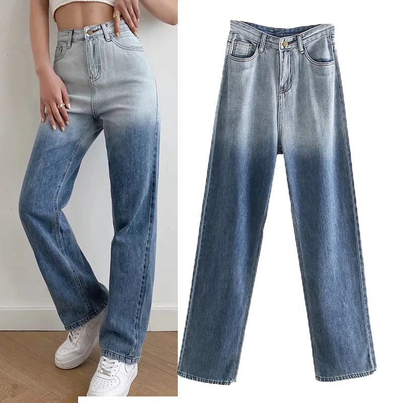 

WESAY JESI 2021 Women's New Jeans Gradient Color European And American High Waist Loose Slim Straight Trousers