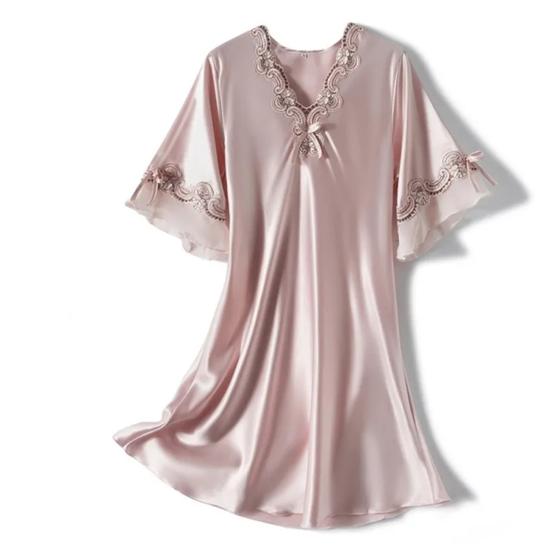 

Silk Soft Nightdress For Women Nightgowns Sleepshirts V-neck Ruffles Print Short Sleeve Korean Style Chic Sleepwear