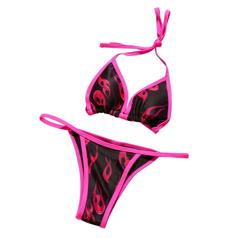 2 предмета Для женщин сексуальный комплект бикини взрослых пламя печати галстук