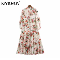 kpytomoa women 2021 chic fashion floral print ruffled midi dress vintage three quarter sleeve button up female dresses vestidos