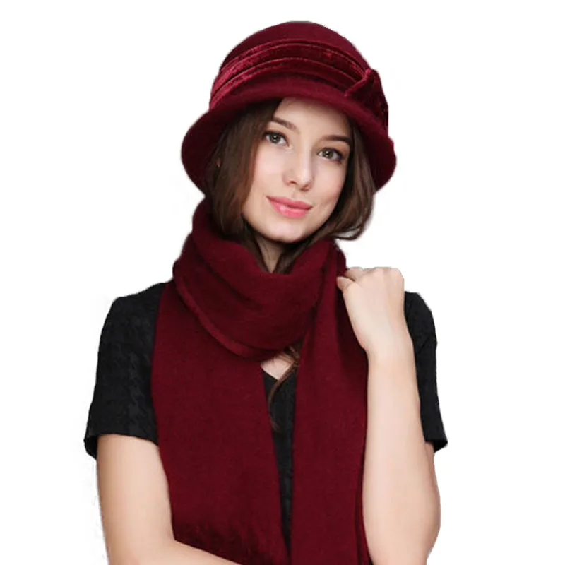 Wine Red Suits Для женщин шерсти кроличий мех трикотажная шапка Федора модные Винтаж шляпа с широкими полями Женская зимняя обувь Шапки вырезом теплая шапка с шарфом - Цвет: Wine Red Suits